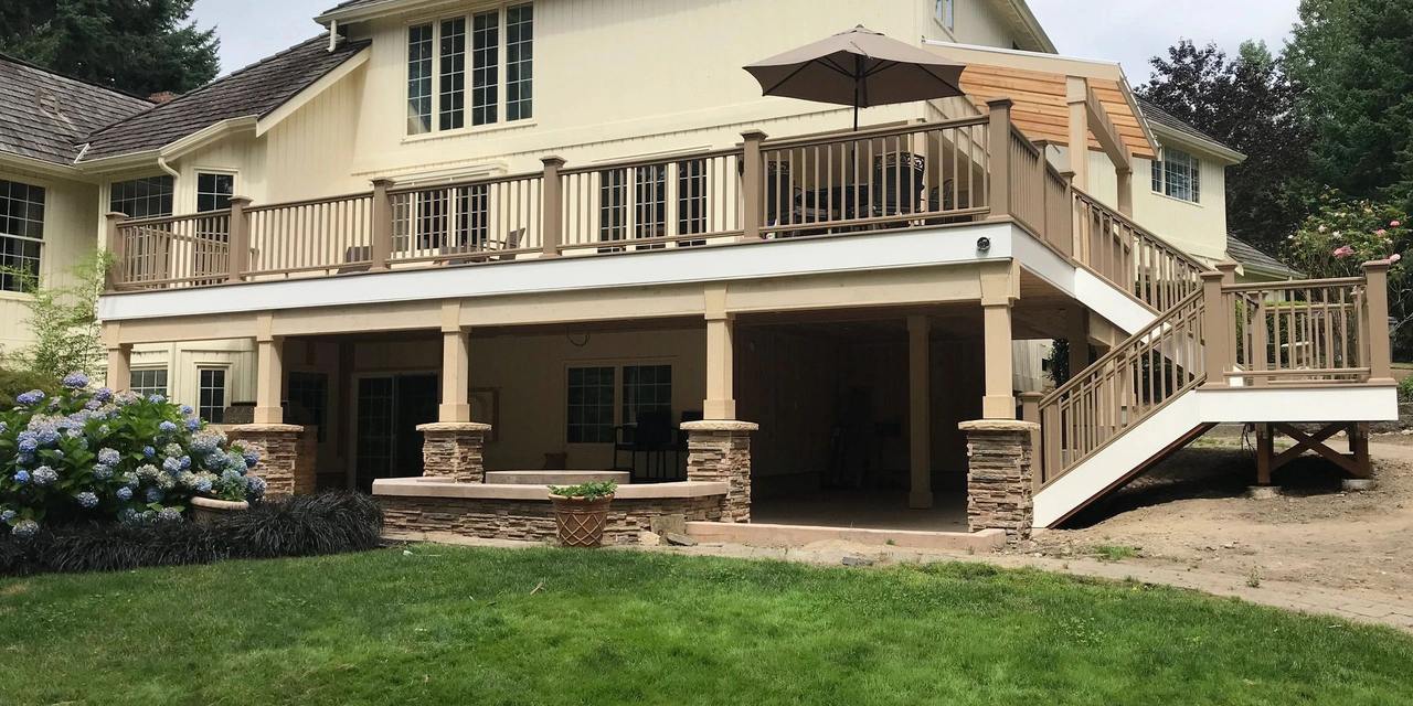 Custom deck idea with outdoor stairs